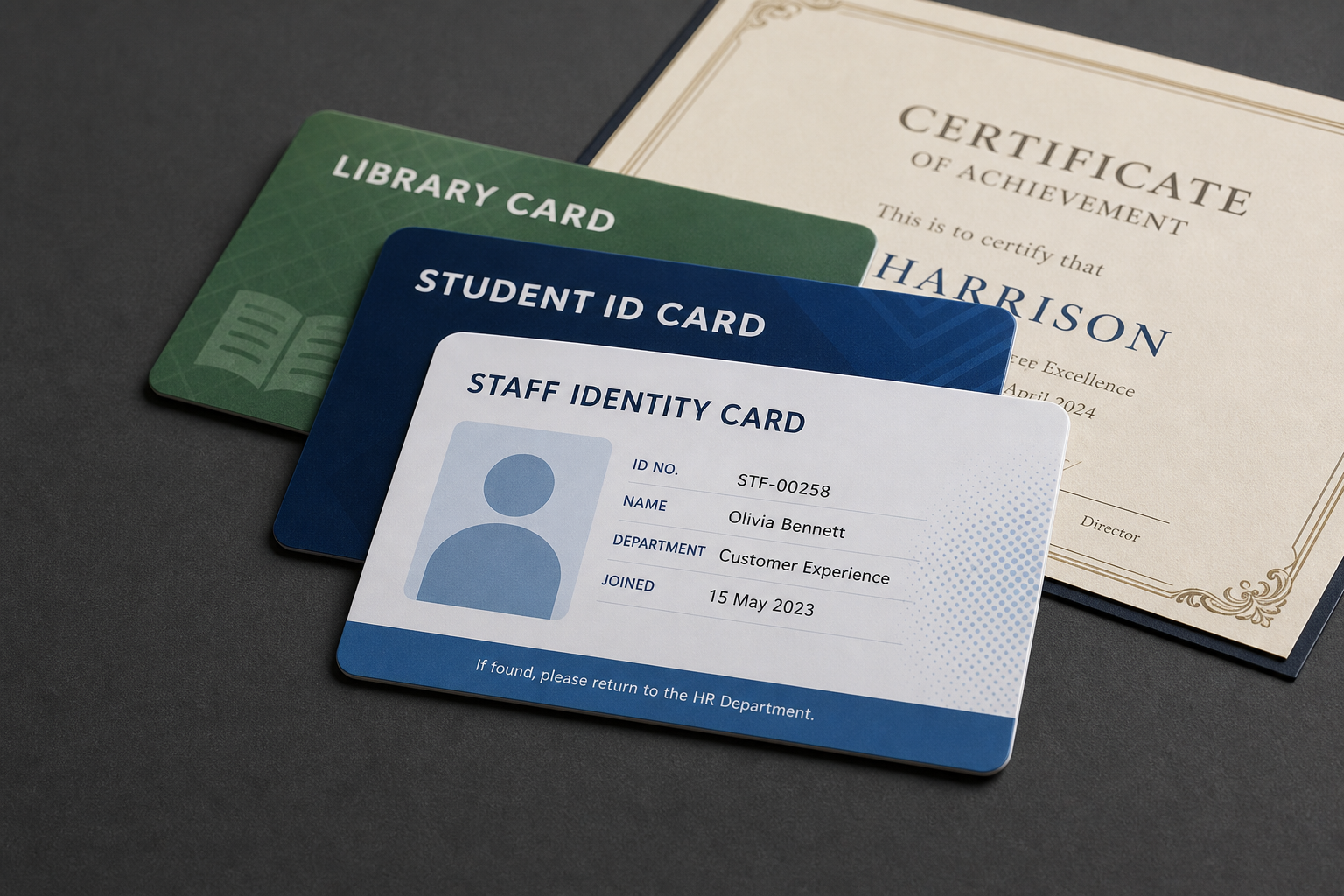 Printed certificates and cards stacked on a desk